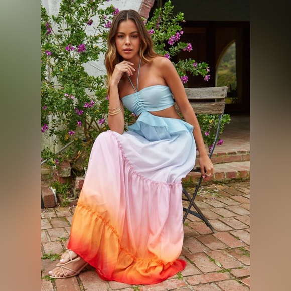 NWT Rainbow Dreams Shimmer Cutout Halter Tiered Maxi Dress |Size L - Picture 4 of 4